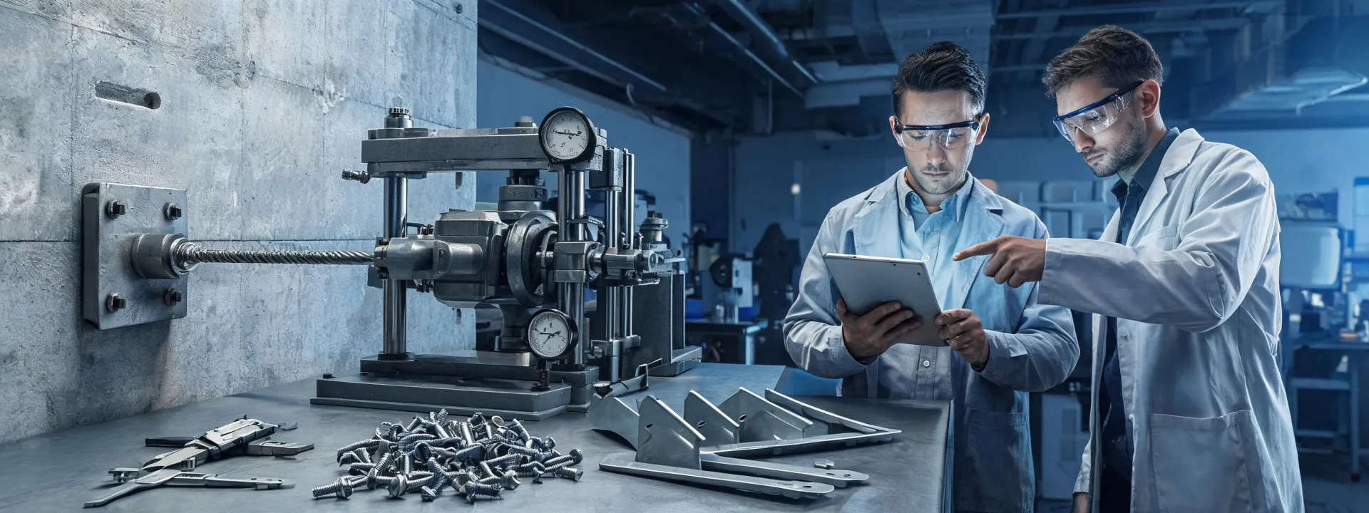 Hardware testing laboratory with fastener samples