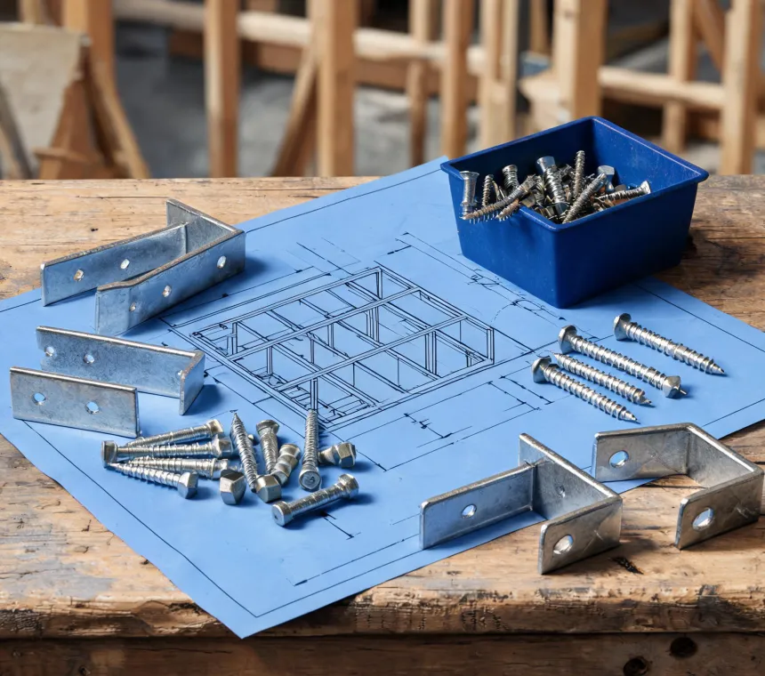 Structural fasteners and brackets on a jobsite bench